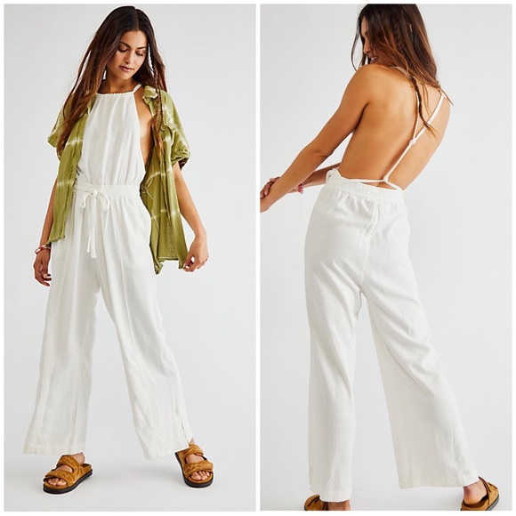 Free People Pants - White Clean Linen One Piece Strappy Open Back Jumpsuit